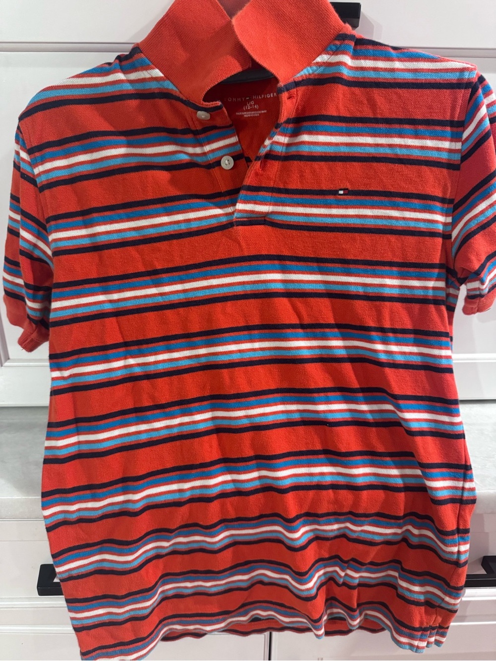 Tommy Hilfiger Orange Striped Kids Polo with Blue & White Accents